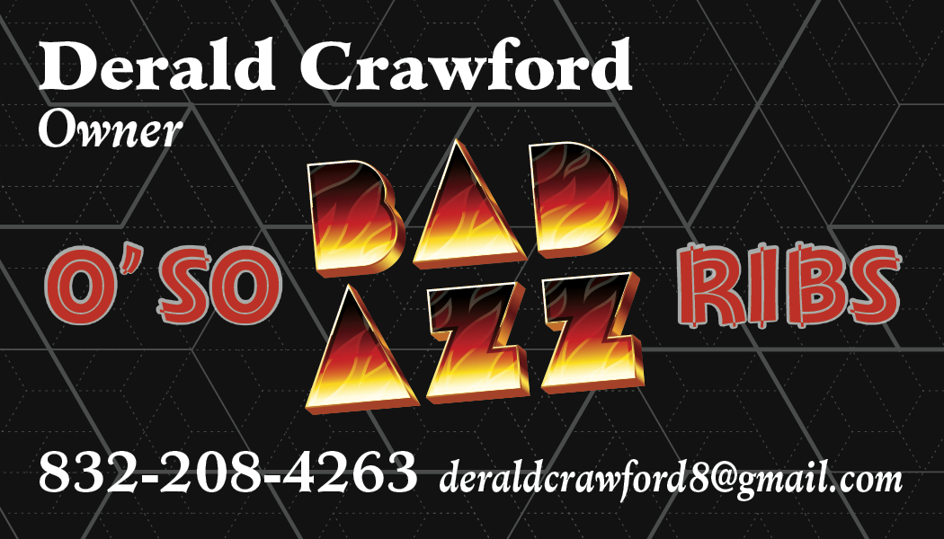 Business card for Derald Crawford, Owner, featuring the text 'BAD' with a flaming design and the phrase "O' So BBQ Ribs," including a phone number and email address.