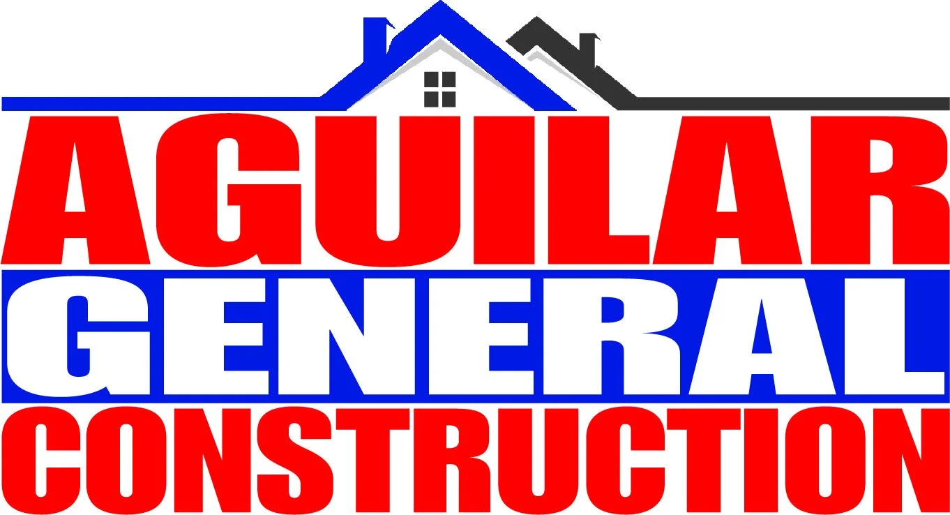 Logo for Aguilar General Construction with a stylized house roof in blue, black, gray, and white above bold red and blue letters spelling out Aguilar General Construction.