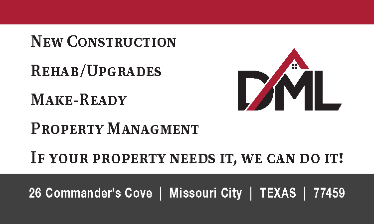 Business card for DML property management, including services like new construction, rehab/upgrades, make-ready, and property management, located in Missouri City, Texas.