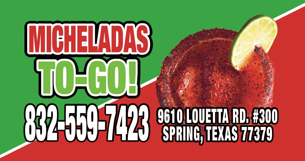 Business card for Micheladas To-Go featuring a michelada drink with lime wedge and contact information with a red and green background.