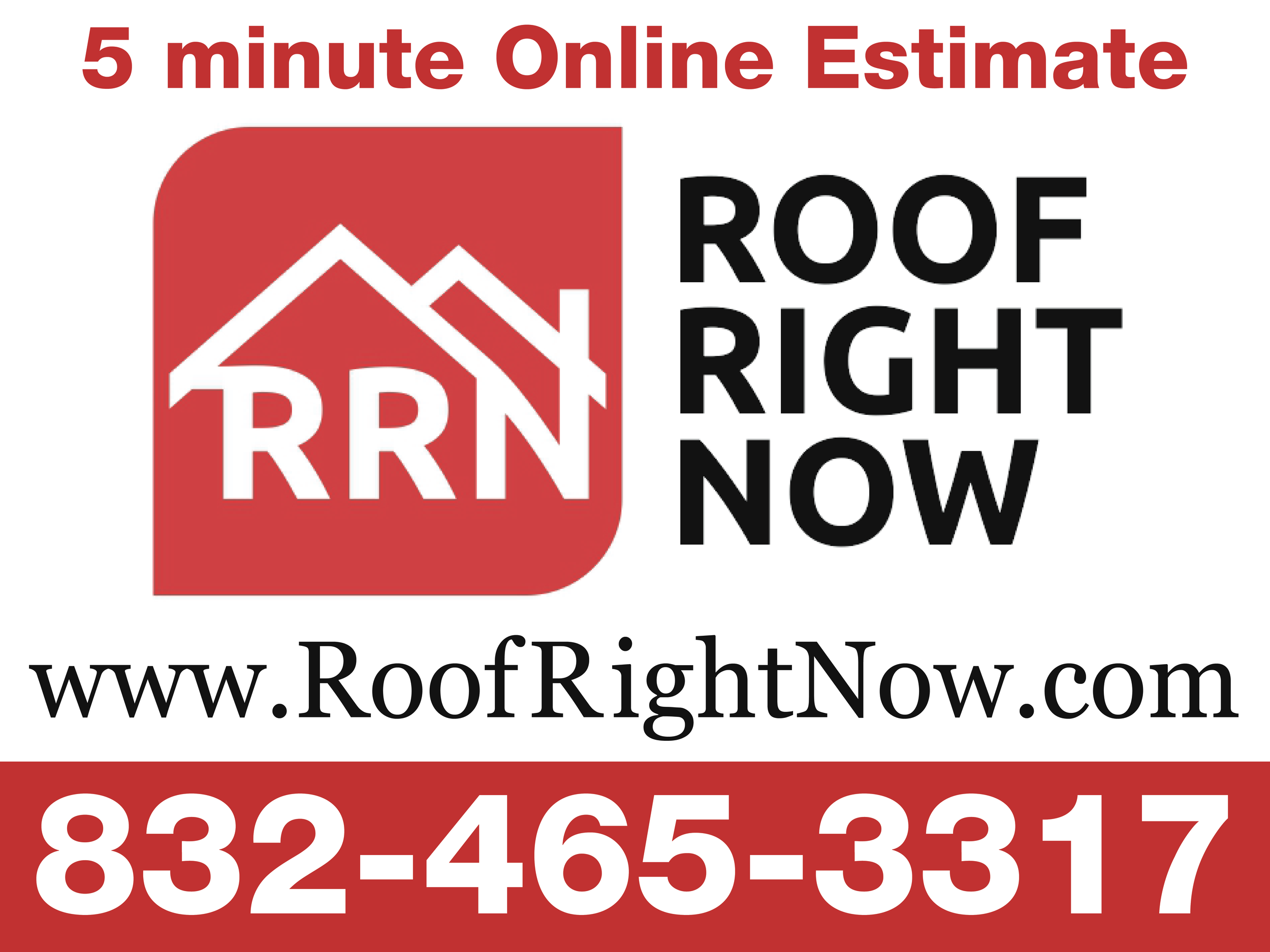 A logo with a house icon and the text 'Roof Right Now' along with a website URL and phone number for roofing services.
