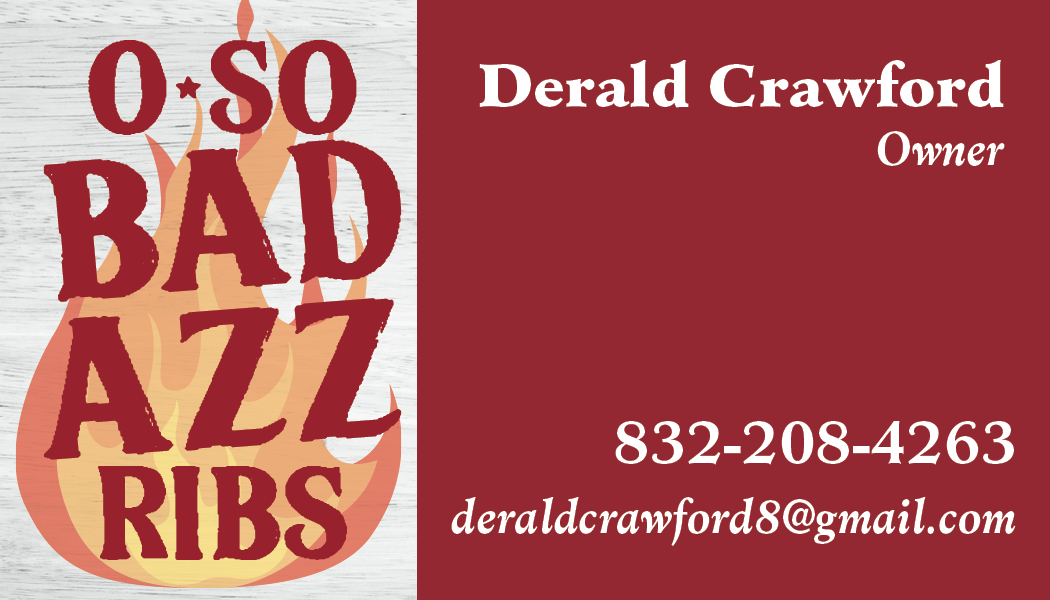 Business card for Osobadaz Ribs featuring a flame graphic and contact information for Derald Crawford, owner, including phone number and email.
