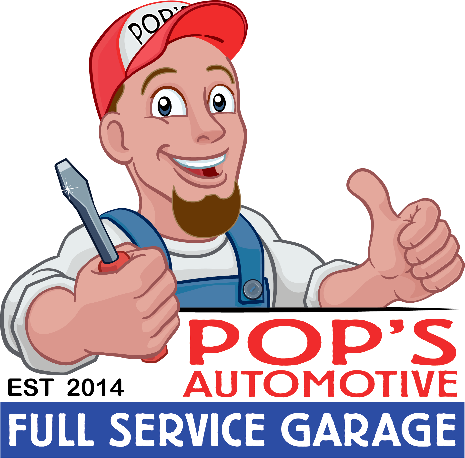 Cartoon image of a smiling man with a beard, wearing a red cap with part of the word 'POP'S' visible and holding a wrench, promoting an automotive service garage.