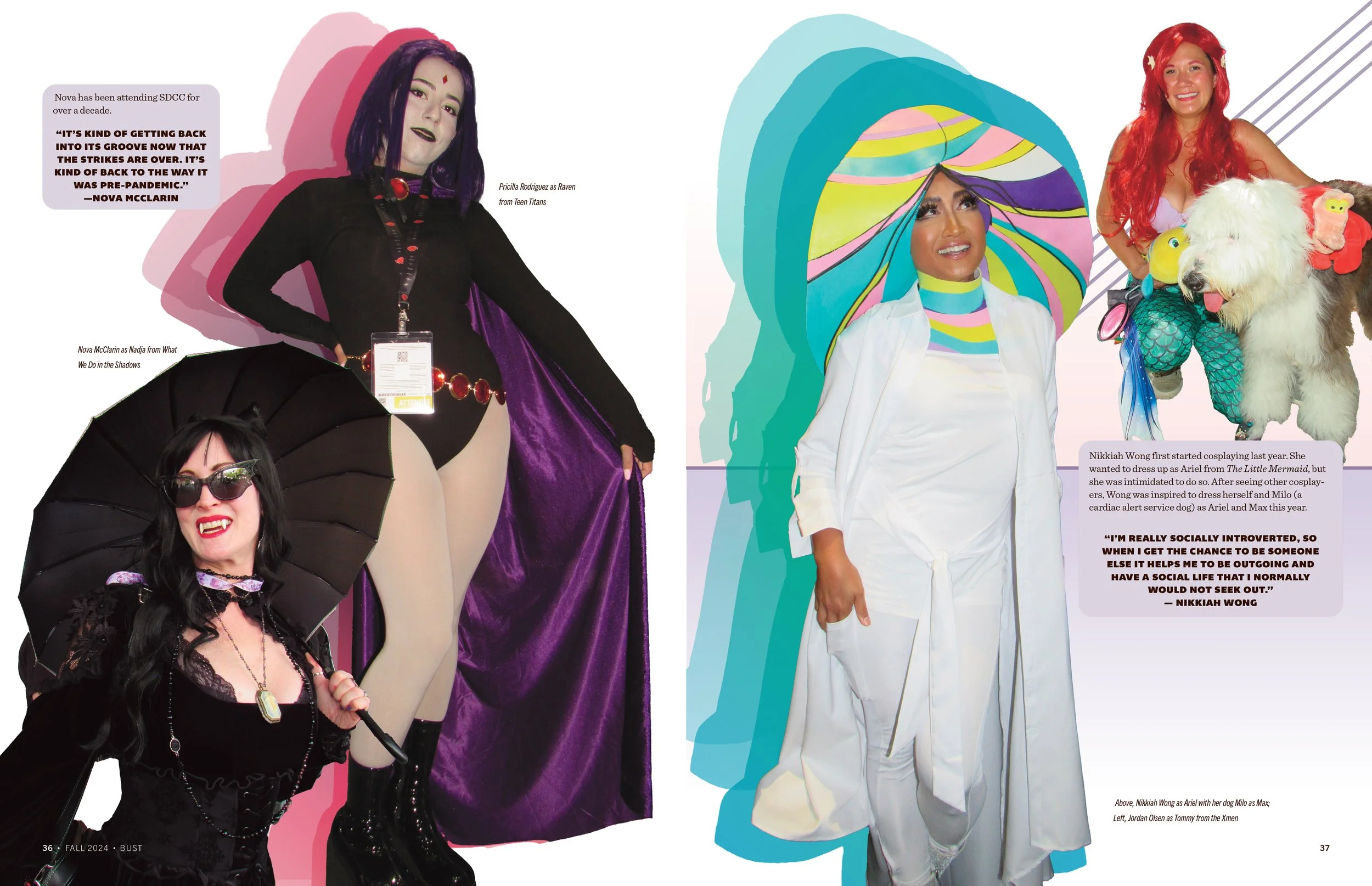 Cosplayers at a convention, including a person dressed as Raven from Teen Titans, another as Nadja from What We Do in the Shadows, and an Ariel costume with a dog as Max, among others.