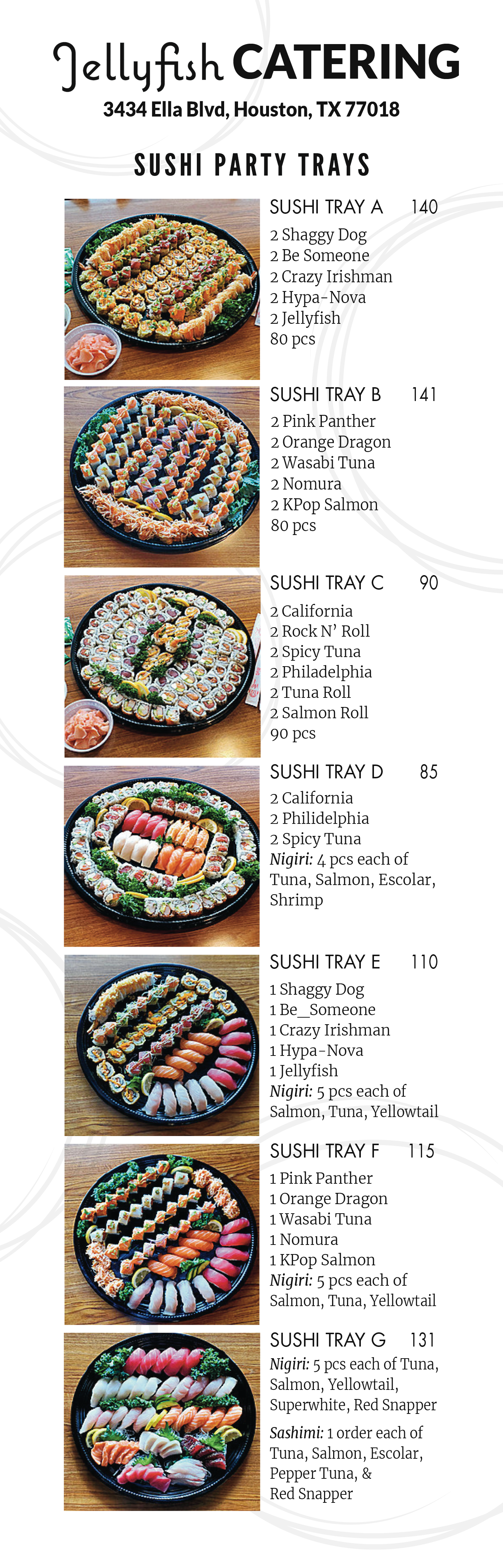 Menu for Jellyfish Catering featuring sushi party trays with images of assorted sushi sets, including various rolls and sashimi, and a small dish of pickled ginger.