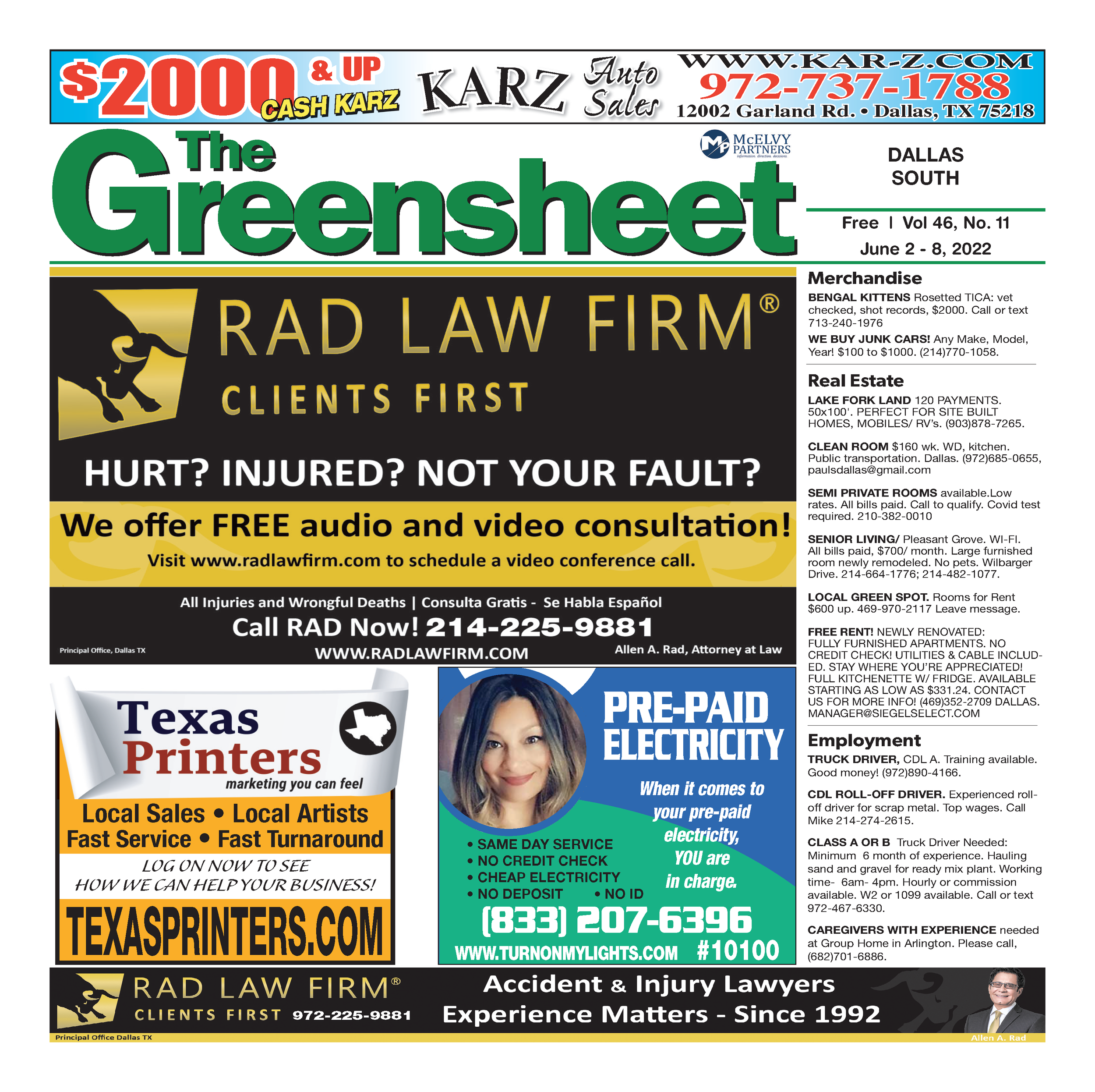 A colorful advertisement layout featuring various business ads, including a law firm, a printing company, an electricity provider, and a light company, with contact information and service descriptions.