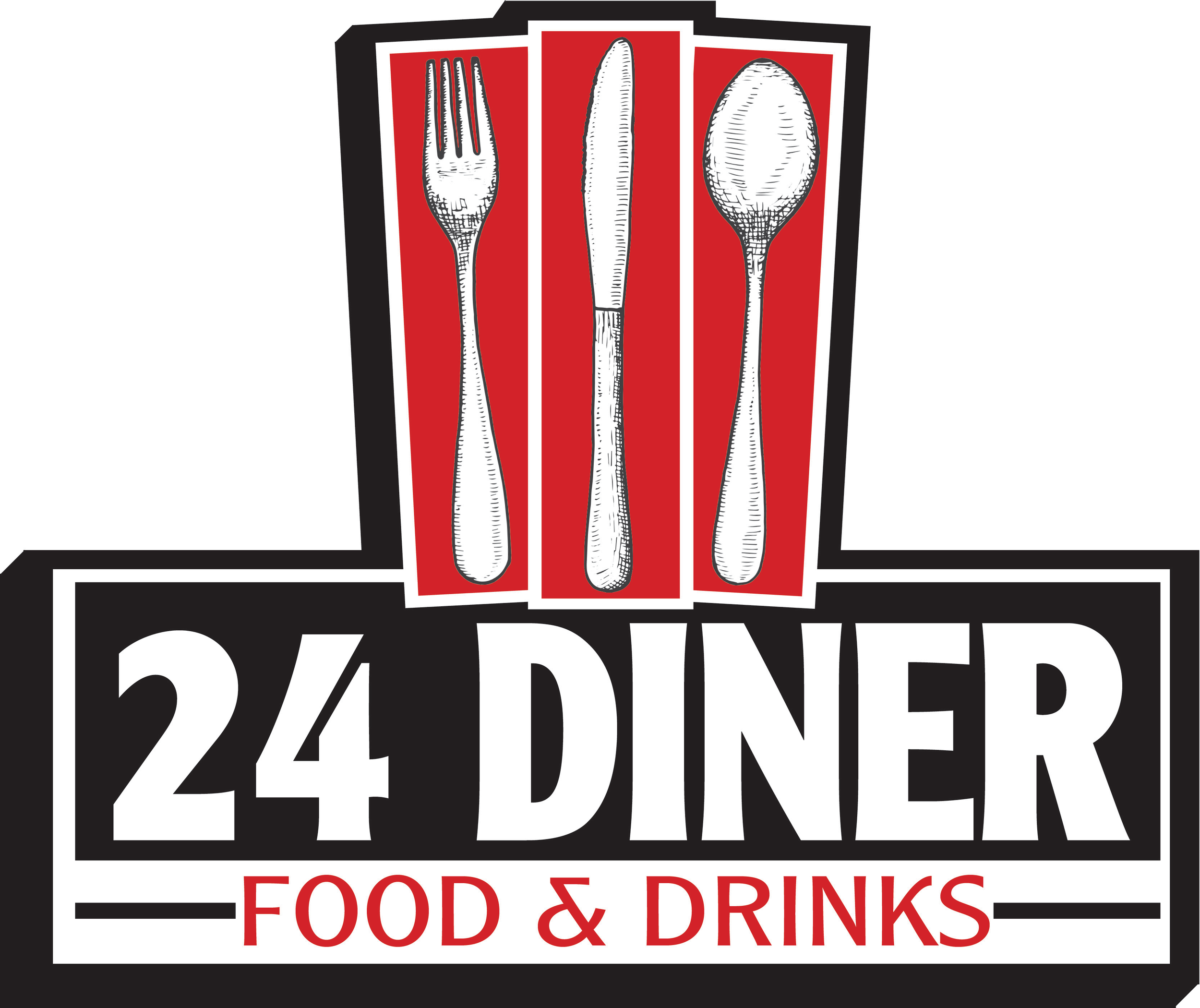 A logo for 'Baked' featuring a red, black, and white color scheme with illustrations of a fork, knife, and spoon on a red background, and the text '1244 J St' and 'FOOD & DRINKS'.