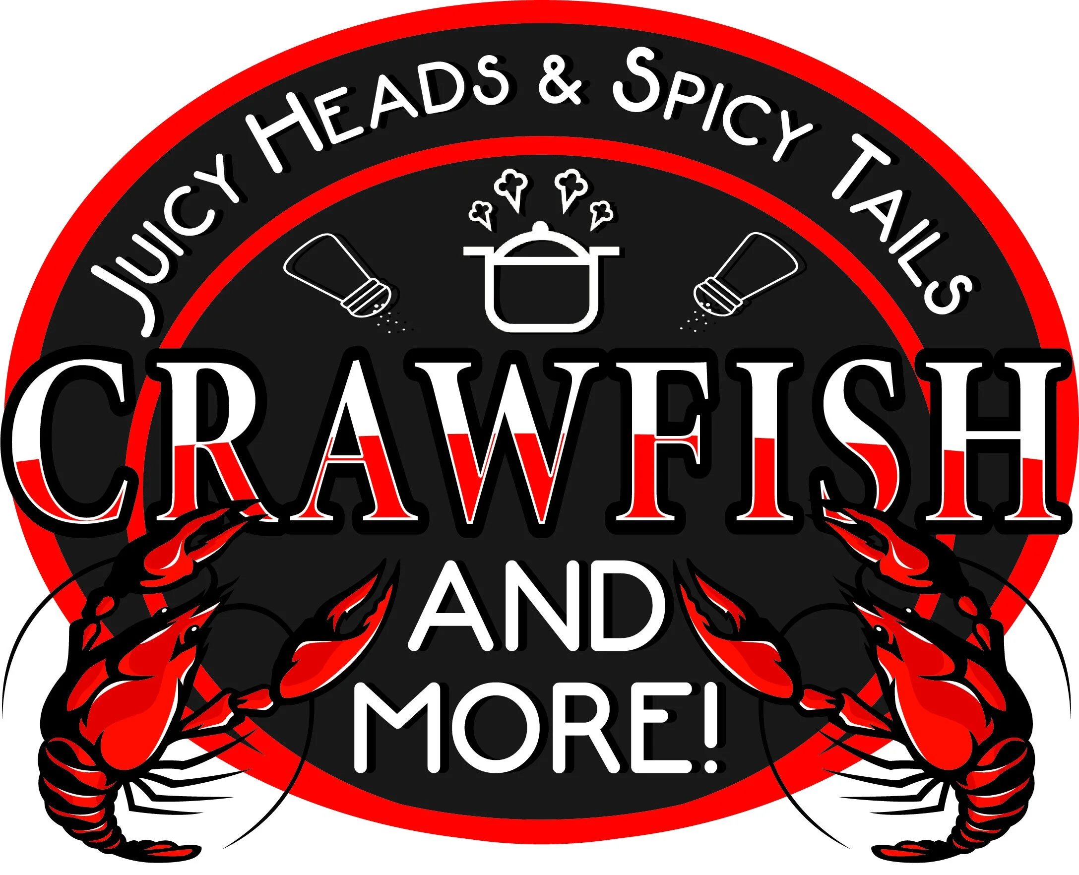 A circular logo with a black background and red border featuring a drawing of a lobster. Text on the logo reads 'JUICY HEADS & SPICY TAILS CRAB WE'RE MORE!'