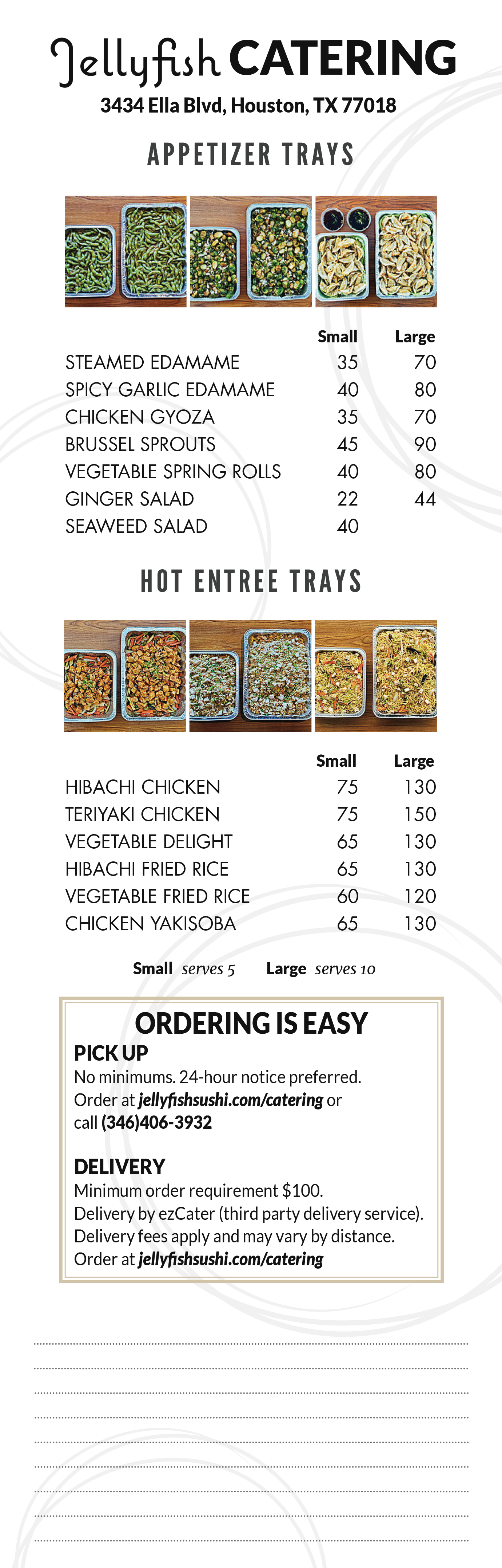 Menu for Jellyfish Catering in Houston, Texas, featuring appetizer trays and hot entrée trays with images of food, including edamame, chicken, vegetables, and rice.