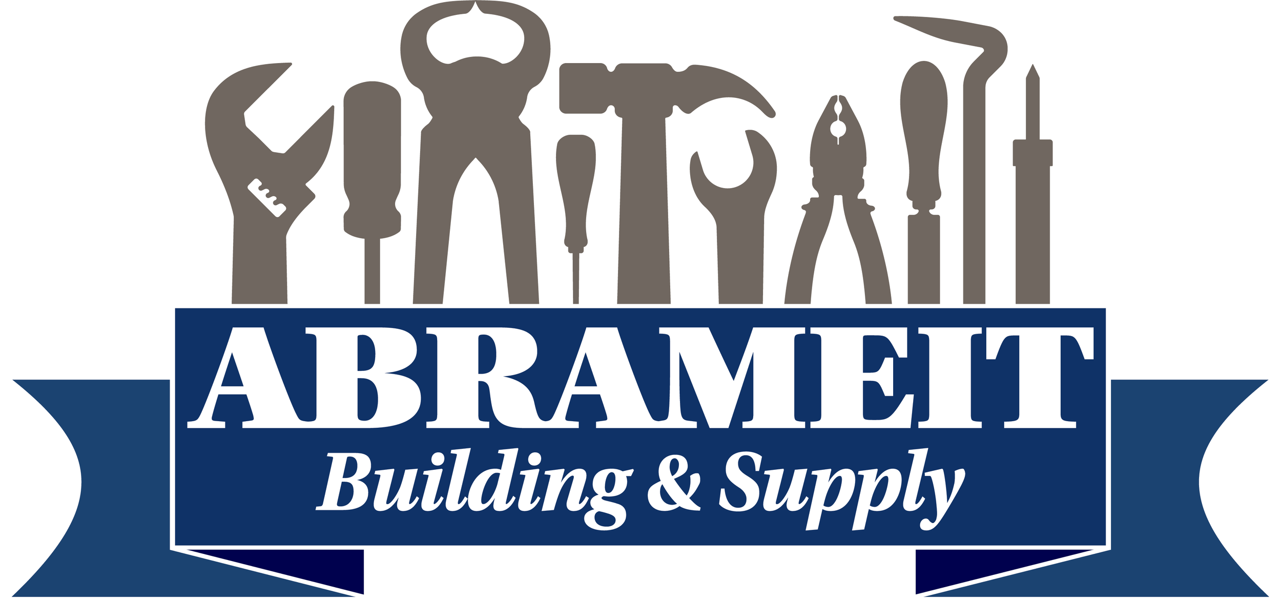 Logo for Abramet Building & Supply, featuring silhouettes of various tools such as a wrench, screwdriver, pliers, hammer, and saw, above the company name in a blue banner.