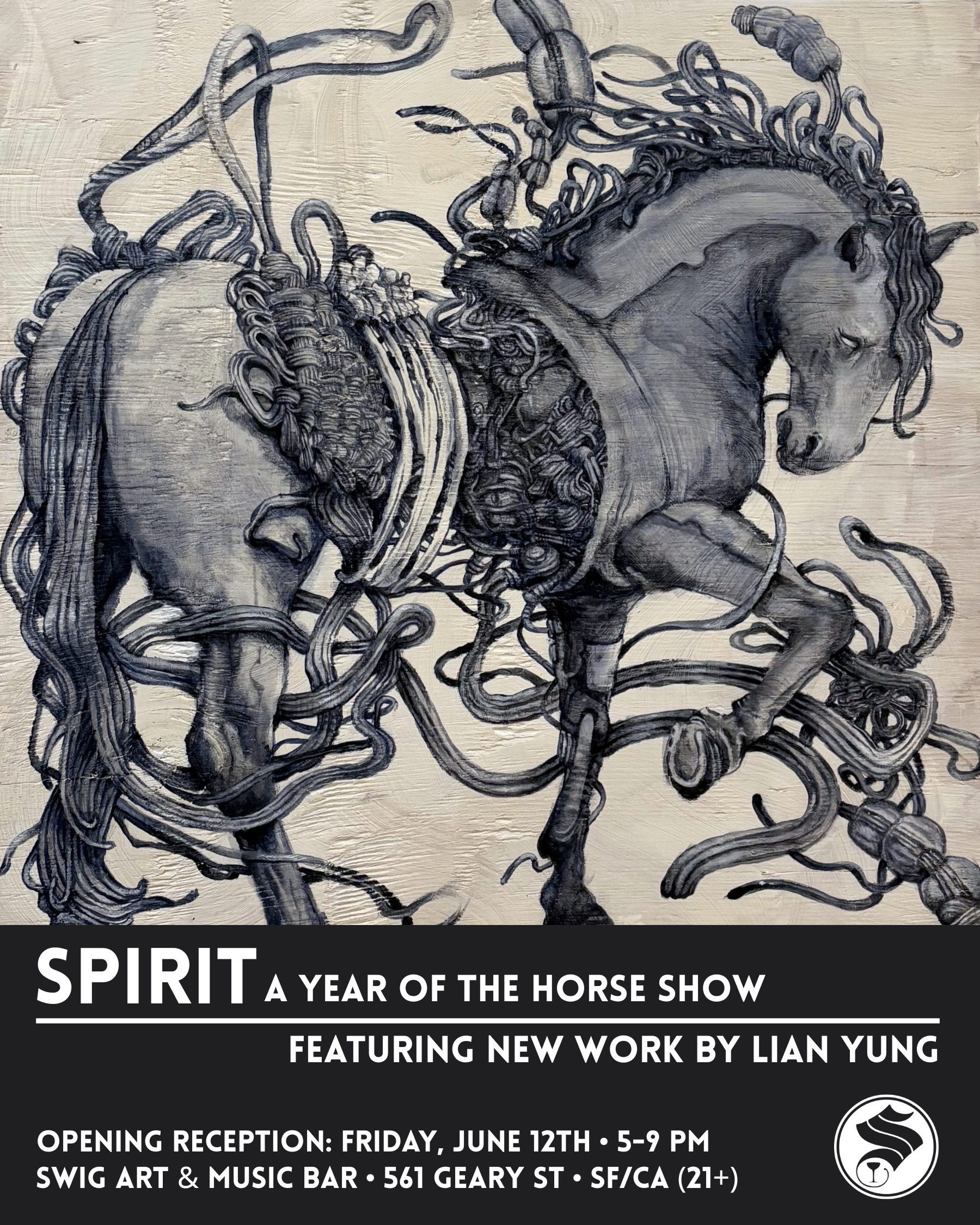Close-up of a monochrome illustration of a horse with intricate line work and swirling background patterns, displayed on a textured surface.