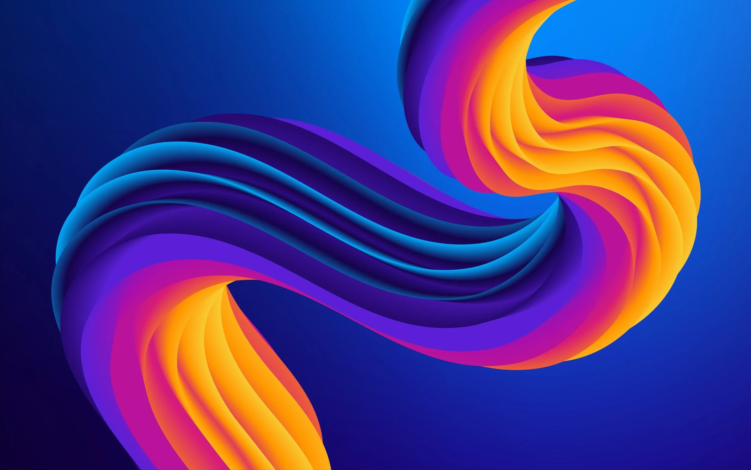 Abstract colorful swirl with blue, purple, and orange gradients on a dark blue background.