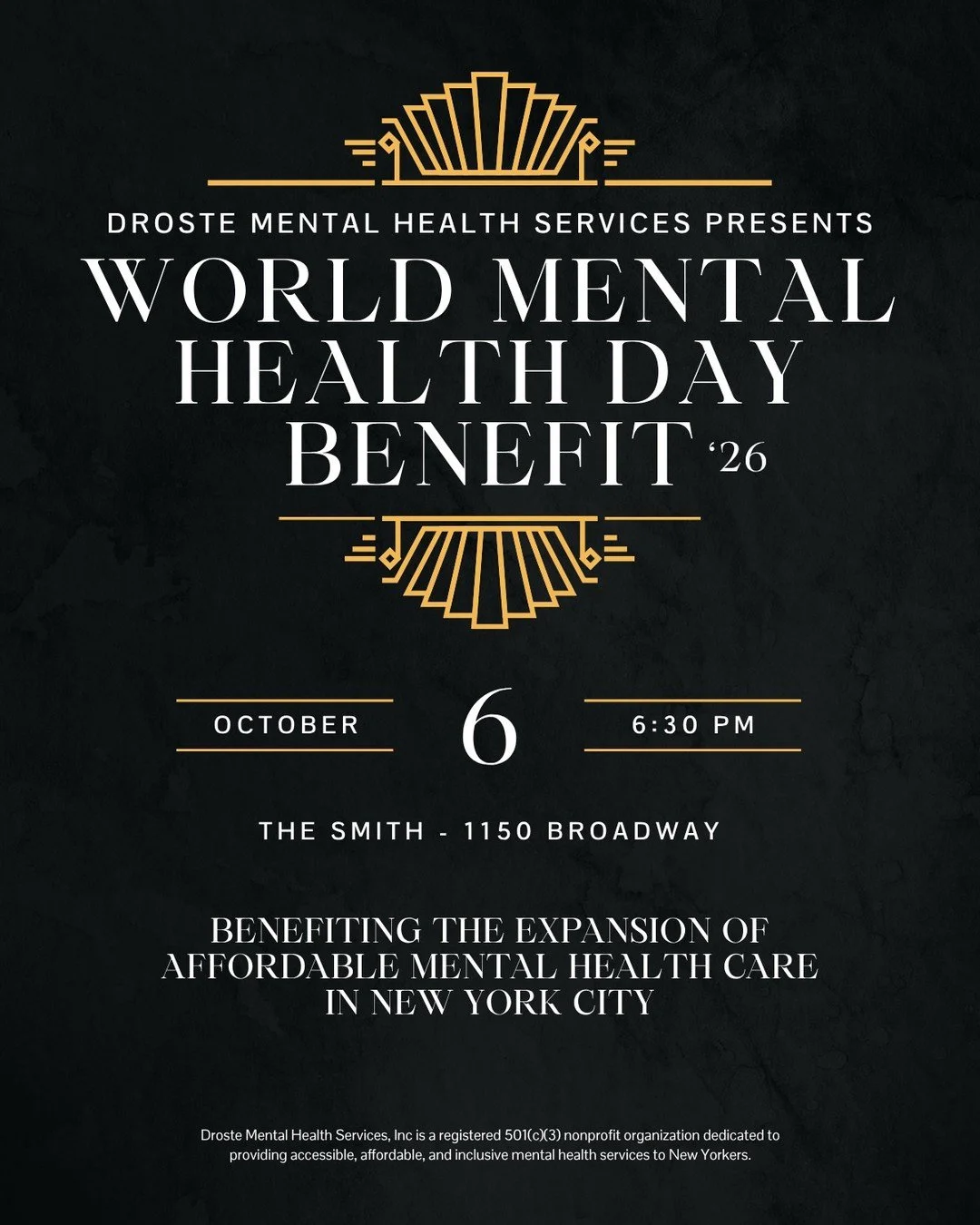 Join us on Tuesday, October 6 at The Smith (Nomad) for our World Mental Health Day Benefit, an evening dedicated to community, connection, and making care accessible across our city.

What&rsquo;s in store:
-Passed hors d&rsquo;oeuvres
-Premium open 