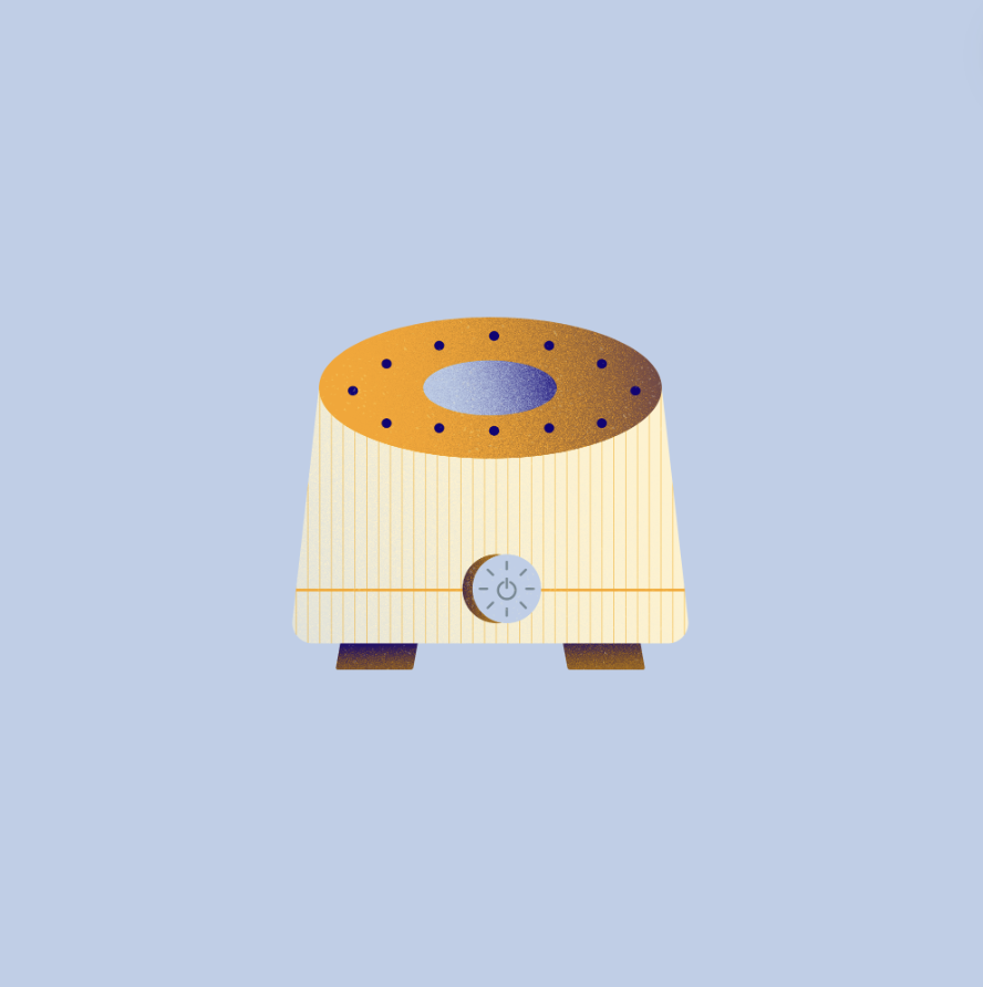 Illustration of a white toaster with brown accents and a blue power button on a light blue background.