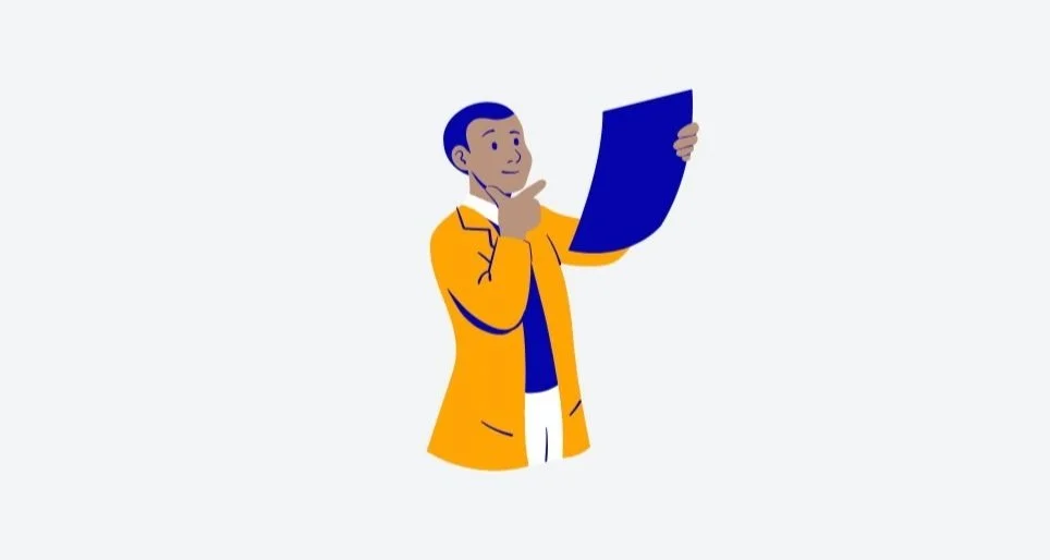 Illustration of a person in a yellow jacket holding and examining a piece of paper.