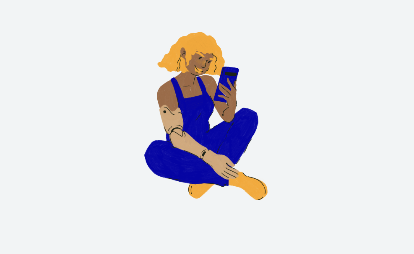Illustration of a person with yellow hair sitting cross-legged, wearing blue overalls and holding a phone.