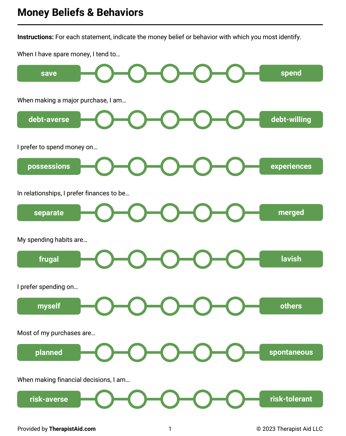 A money beliefs and behaviors worksheet from TherapistAid. It features scales to indicate preferences for saving versus spending, being debt-averse versus debt-willing, prioritizing possessions versus experiences, keeping finances separate versus merged, having frugal versus lavish spending habits, spending on oneself versus others, making planned versus spontaneous purchases, and being risk-averse versus risk-tolerant.