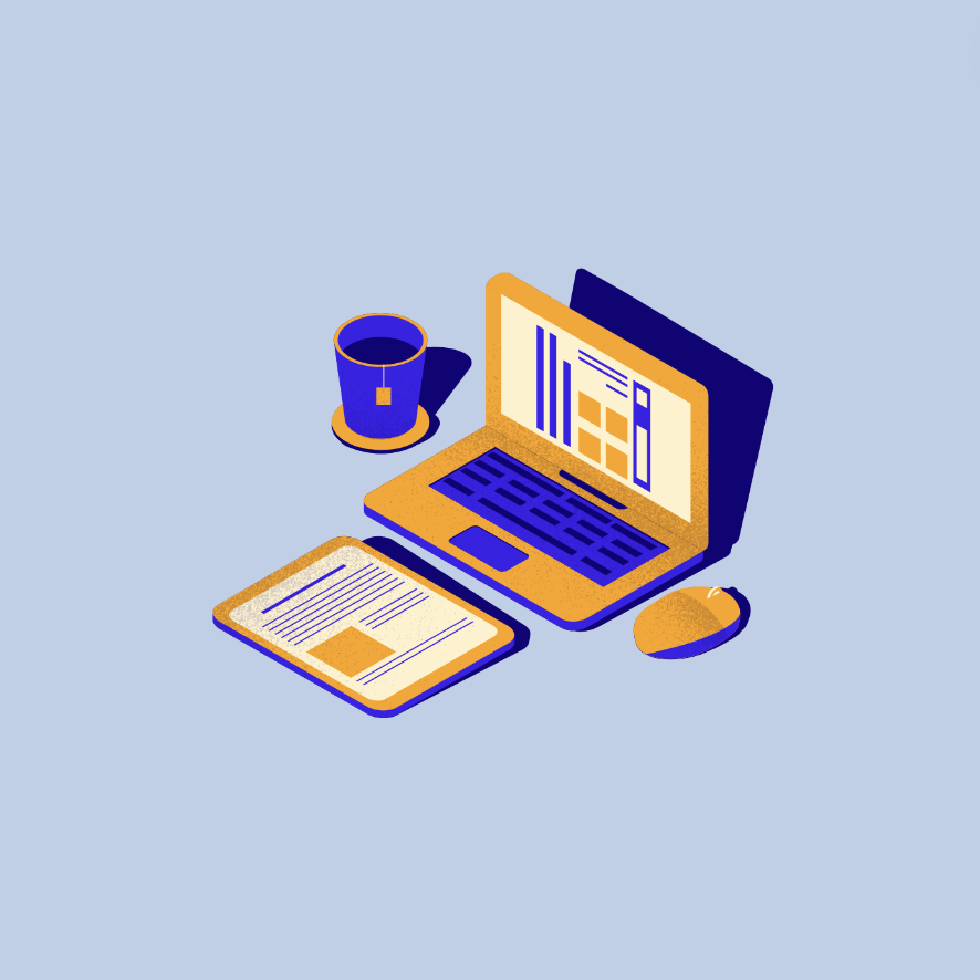 Illustration of a laptop, mouse, document, and cup of tea on a desk, in blue and yellow colors.