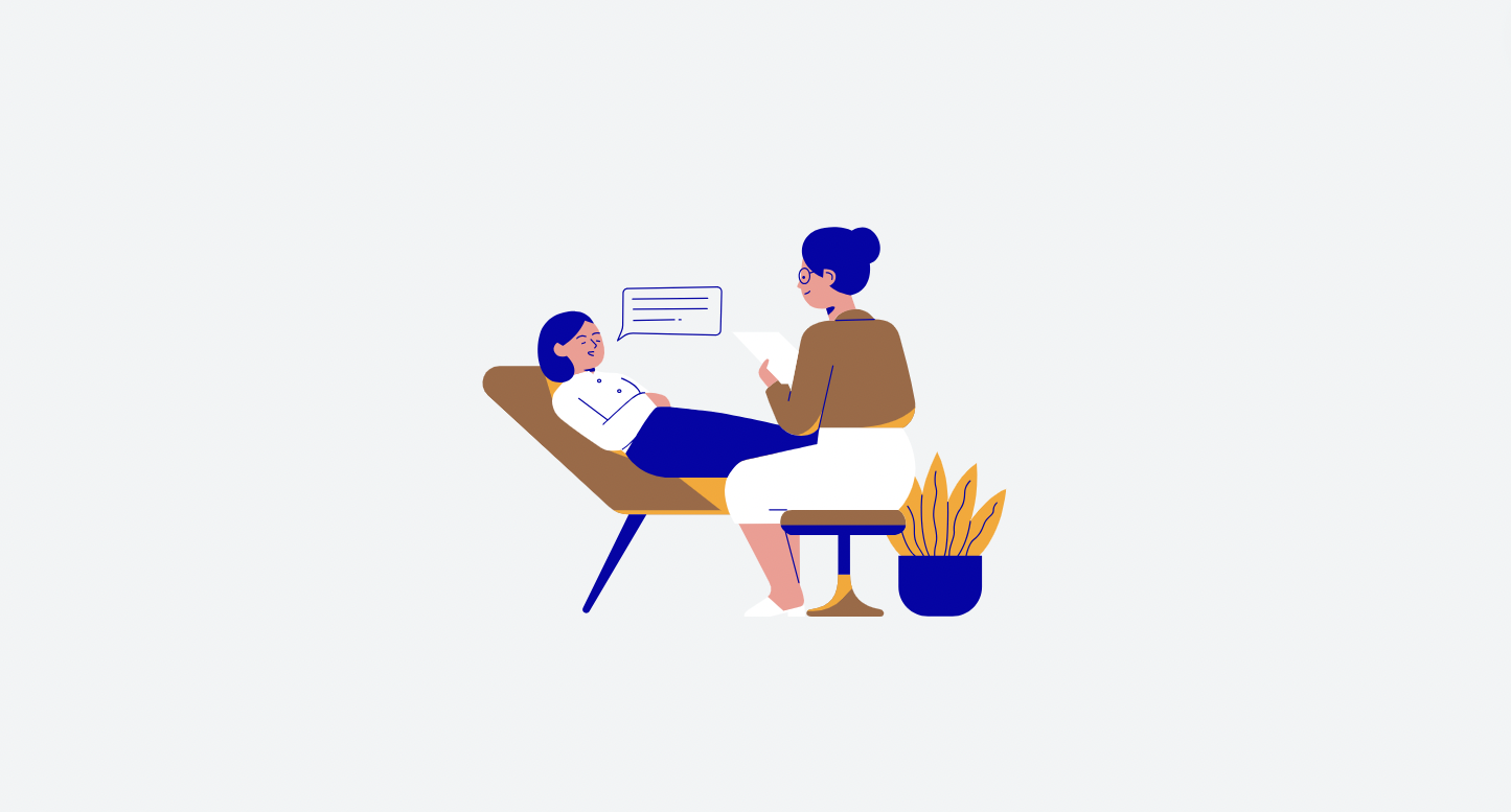 Illustration of a therapist and patient in a therapy session, with the patient lying on a couch and the therapist sitting on a stool, holding papers, with a potted plant nearby.