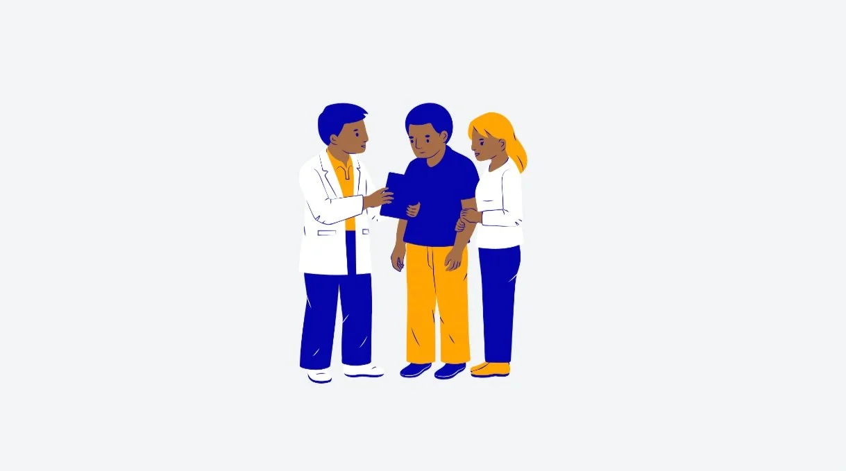 Illustration of three people interacting, one wearing a lab coat and holding a tablet, the others in casual attire.