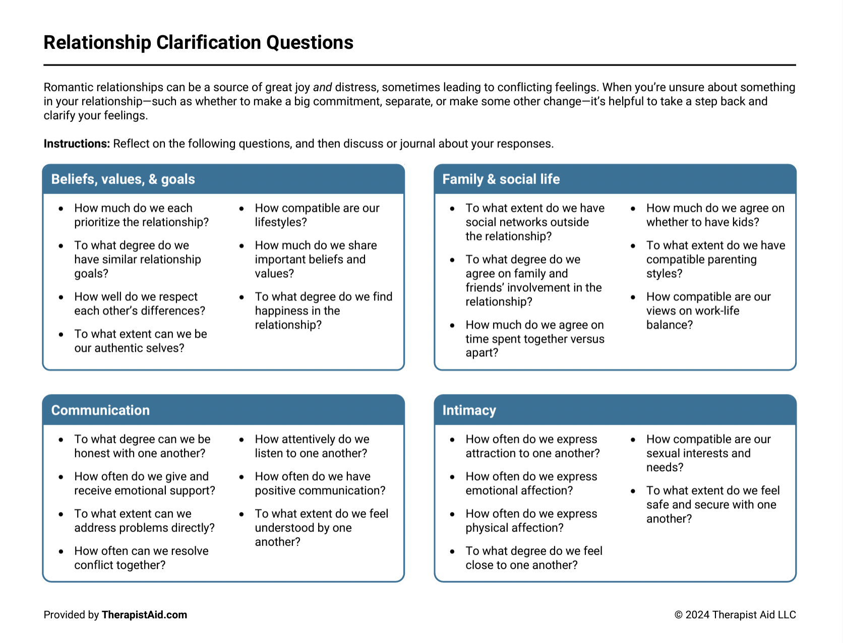 Infographic with relationship clarification questions in categories: beliefs, values, and goals; family and social life; communication; intimacy. Questions focus on compatibility, emotional support, parenting styles, work-life balance, and intimacy needs. Provided by TherapistAid.com.