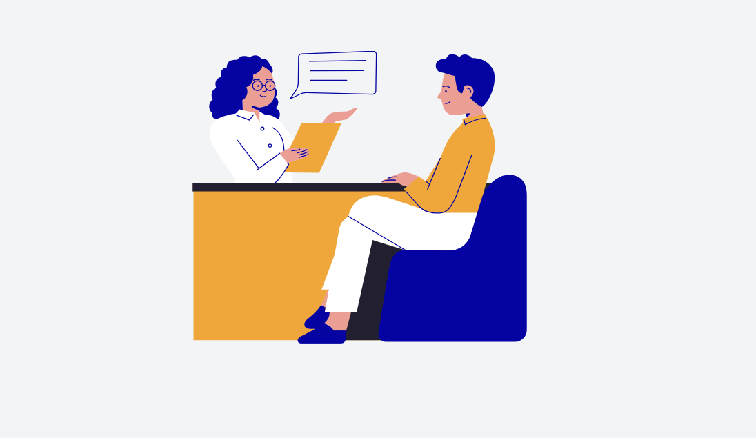 Illustration of a job interview with two people sitting across a desk, one holding a clipboard and speaking.
