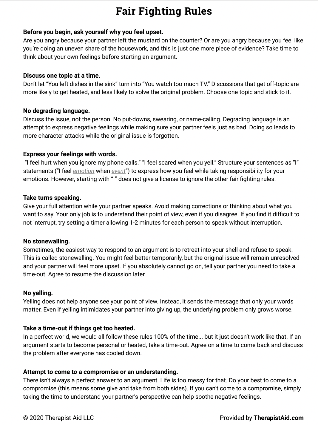 Guidelines for fair fighting in relationships titled 'Fair Fighting Rules' from Therapist Aid. Includes advice on discussing one topic at a time, avoiding degrading language, expressing feelings with words, taking turns speaking, avoiding stonewalling, not yelling, taking time-outs when needed, and attempting to reach a compromise. © 2020 Therapist Aid LLC.