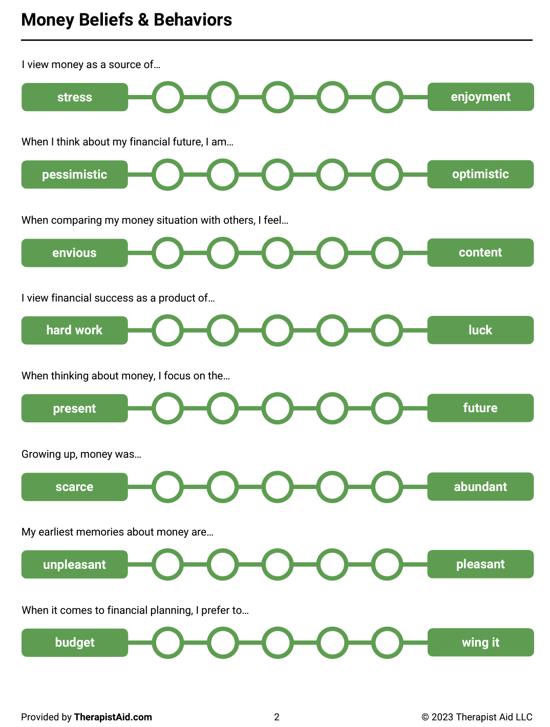 An infographic titled 'Money Beliefs & Behaviors' with several statements followed by scales. Each scale depicts a continuum between two opposing views. For example, 'I view money as a source of...' with options from 'stress' to 'enjoyment'. Other scales include perspectives on financial future, money comparison, financial success, focus on present vs. future, money scarcity vs. abundance, early money memories, and financial planning preference from 'budget' to 'wing it'.