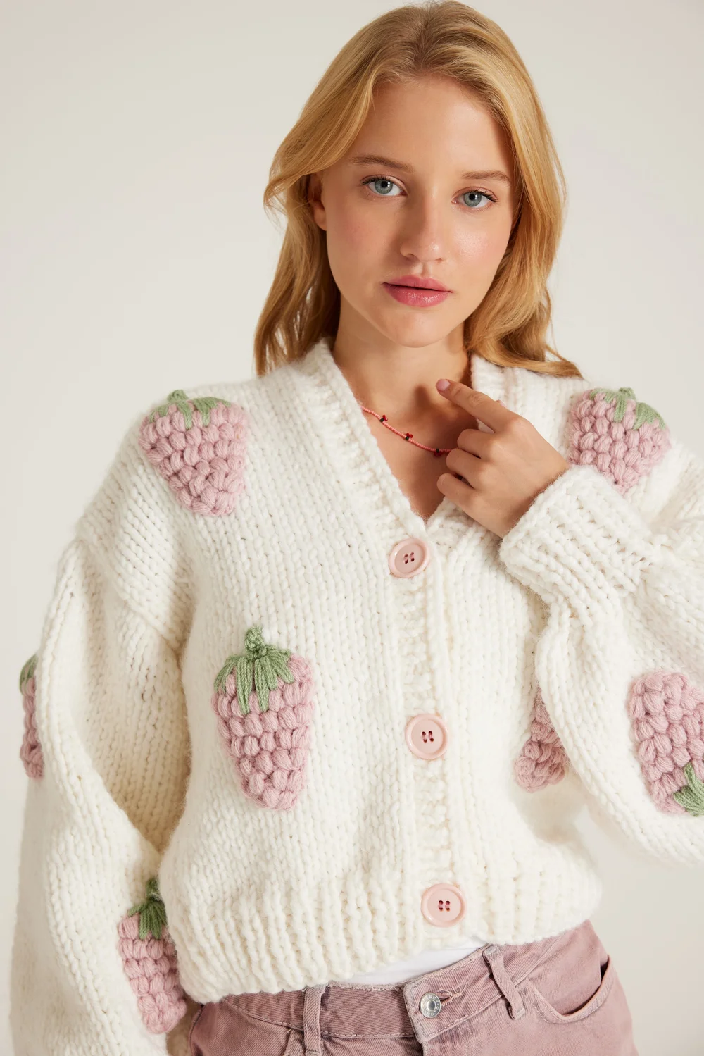 Pink Strawberry White Cardigan — Society Mano