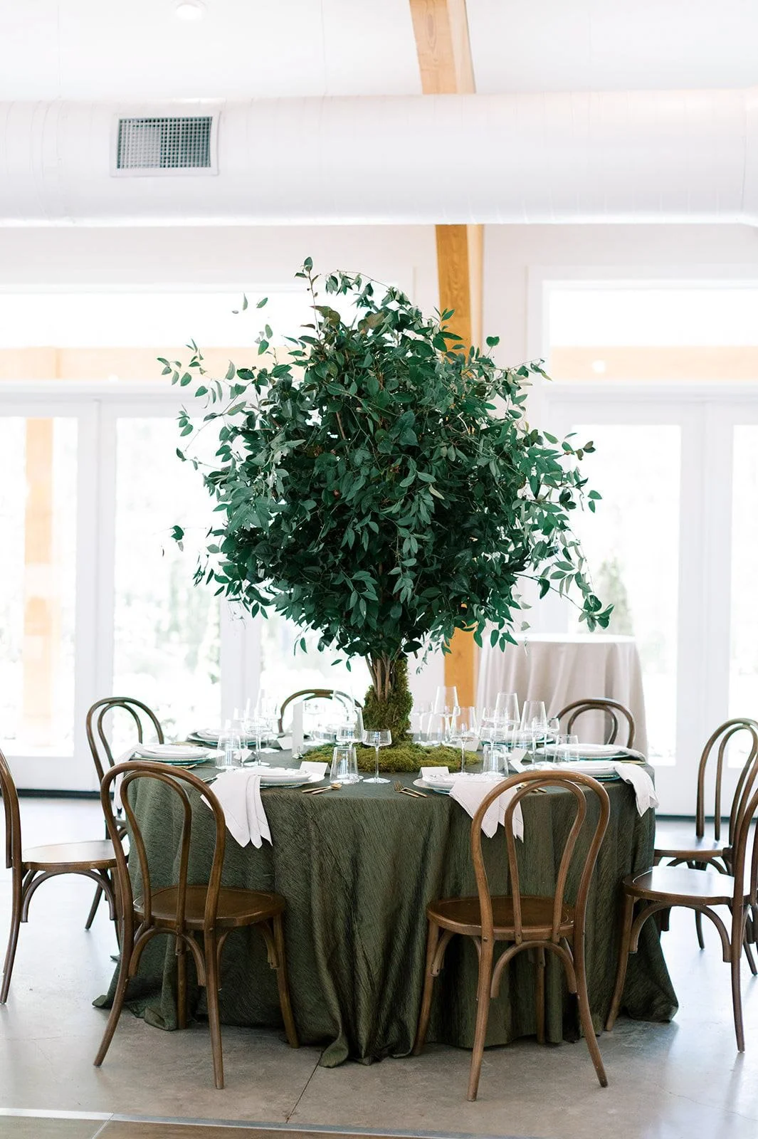 A reception table with lush greenery and a living tree centerpiece designed by Wild Flora Flowers at The Upchurch wedding venue in Raleigh, North Carolina.