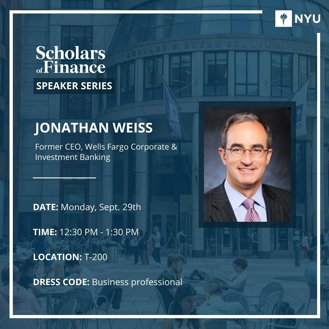 Join us this Monday during common hour in T-200 to hear from Jonathan Weiss, the former CEO of the Corporate and Investment banking division at Wells Fargo!
