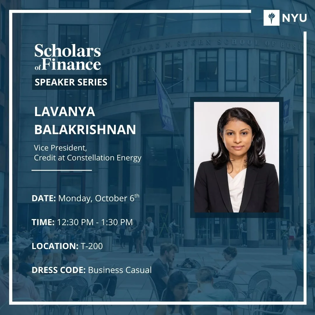 Join us tomorrow during common hour in T-200 for our Speaker Series with Lavanya Balakrishnan, Vice President of Credit at Constellation Energy! Come learn about her journey in energy and finance and hear her insights on leadership and career growth!