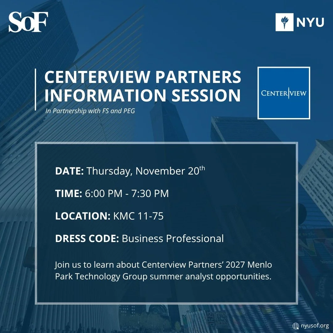 Join SOF x FS x PEG at 6:00 PM on Thursday, November 20th, in KMC 11-75 as we welcome Centerview Partners&rsquo; Technology Group, which is based in Menlo Park. The event is only intended for those interested in technology coverage within the Menlo P