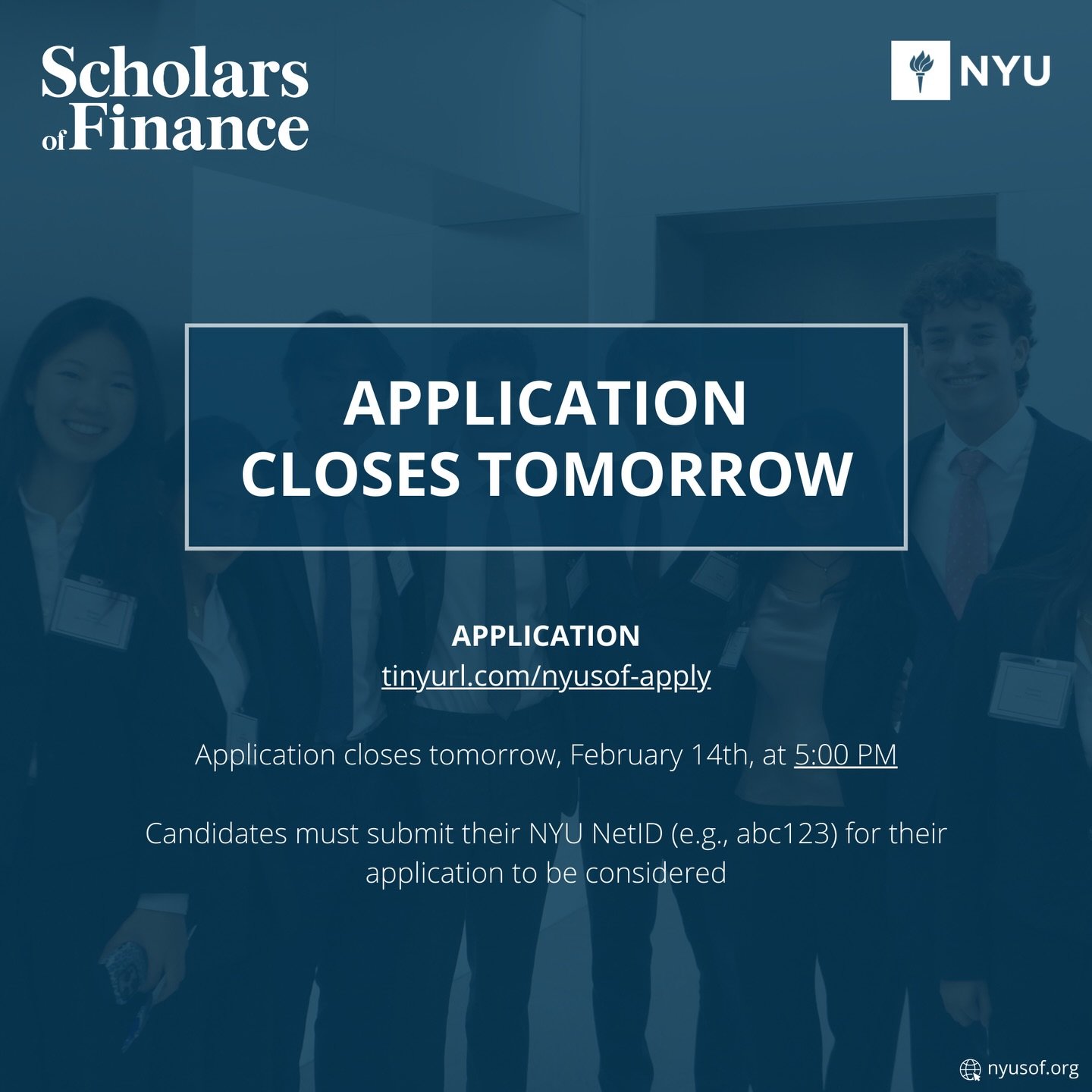 SOF applications close tomorrow, February 14th, at 5:00 PM! Please note the 5:00 PM deadline, instead of 11:59 PM. Interviews will be conducted from Monday, February 16th, to Friday, February 20th. 

Candidates must submit their NYU NetID (e.g., abc1