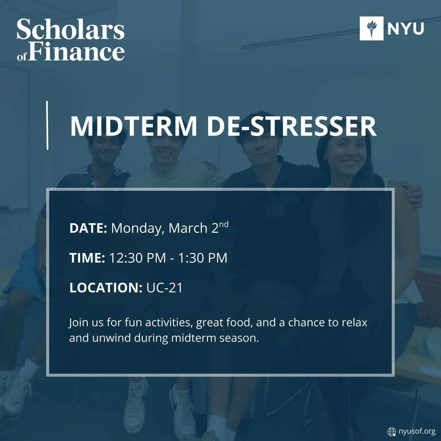 Join us in UC-21 tomorrow for fun activities, great food, and a chance to relax and unwind during midterm season!