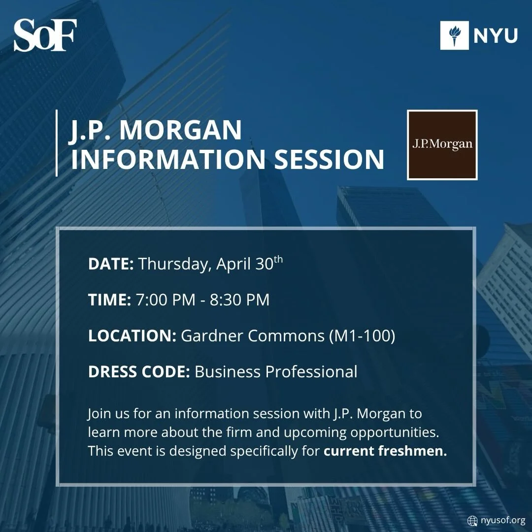 Join us for a J.P. Morgan Information Session this Thursday, April 30th, hosted in partnership with The Finance Society and BlackGen.

This event is specifically designed for current freshmen (Class of 2029).

We look forward to seeing you there!