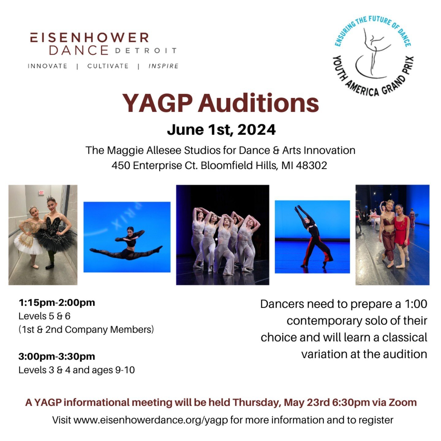 Don't forget to register to audition to compete at YAGP with the School of Eisenhower Dance Detroit - view the audition schedule and sign up at the link in our bio! ⠀⠀⠀⠀⠀⠀⠀⠀⠀
⠀⠀⠀⠀⠀⠀⠀⠀⠀
June 1, 2024 ⠀⠀⠀⠀⠀⠀⠀⠀
The Maggie Allesee Studios for Dance &amp; 