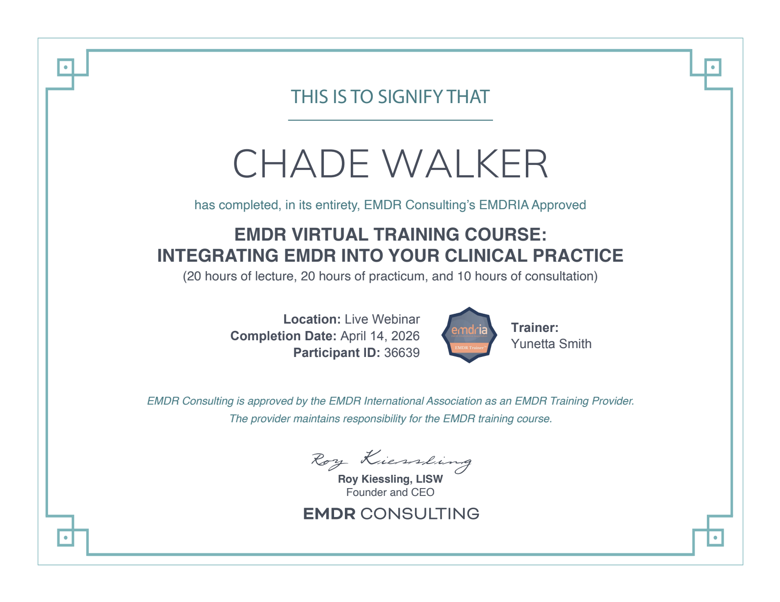 Chade Walker, LMSW certificate indicating that she is EMDR trained.