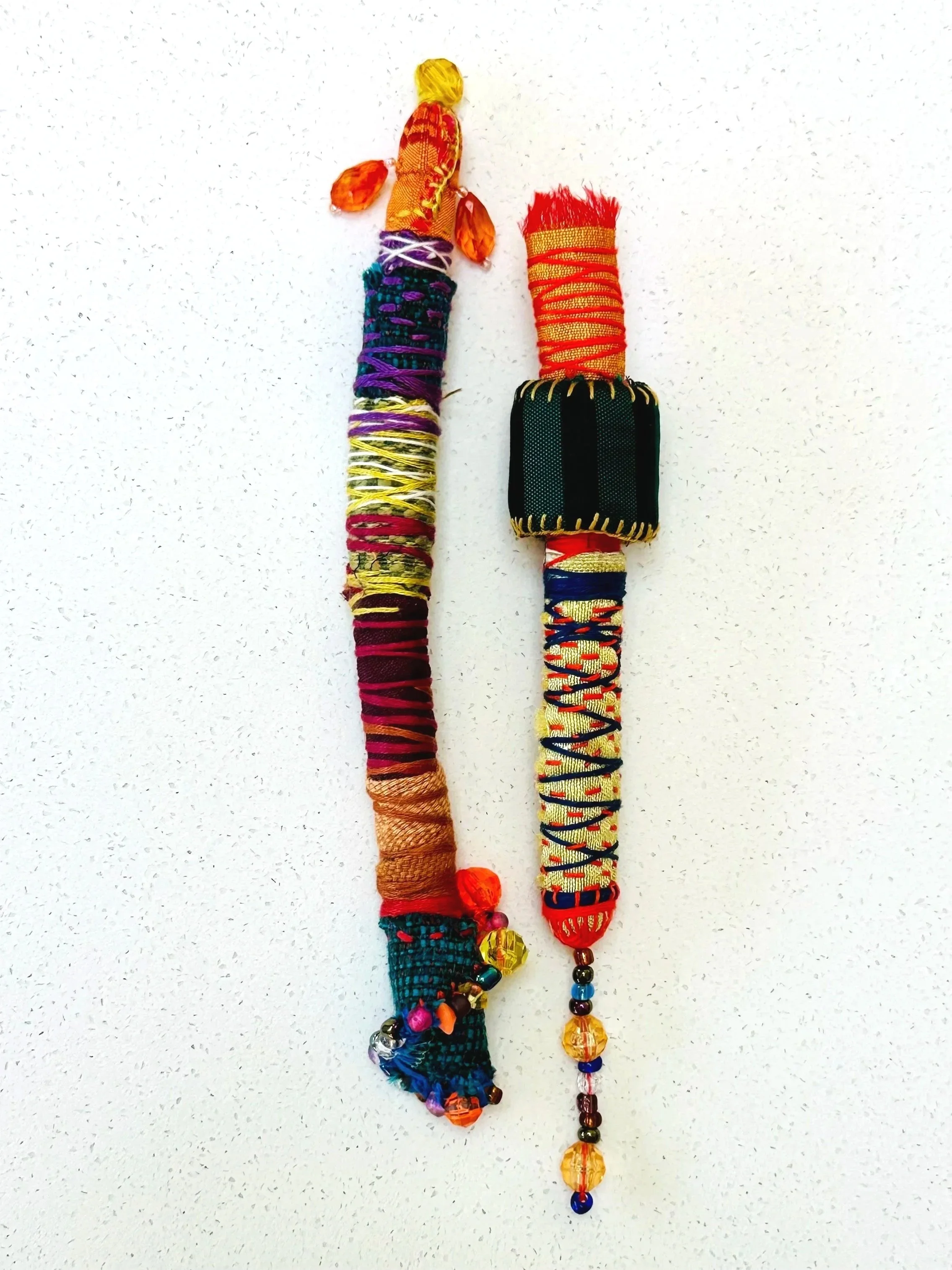Exploration in Progress  (detail)   (2025)   6" - 12" x 1"   felt, upcycled fabric, beads, Sashiko thread, embroidery thread  