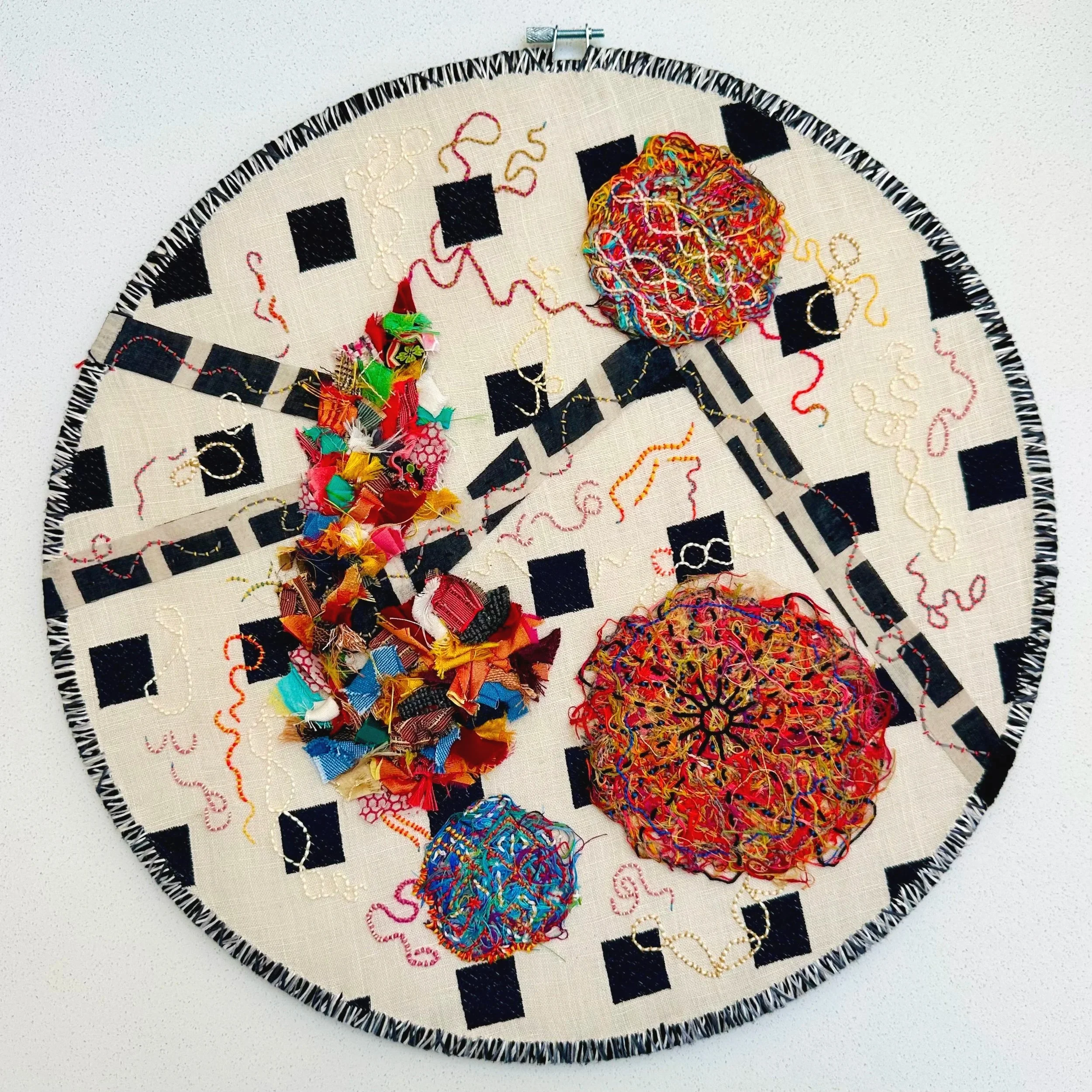 Floating Amidst Chaos   (2025)   Sashiko thread, embroidery thread, trim on upcycled fabric   16.5"   $700