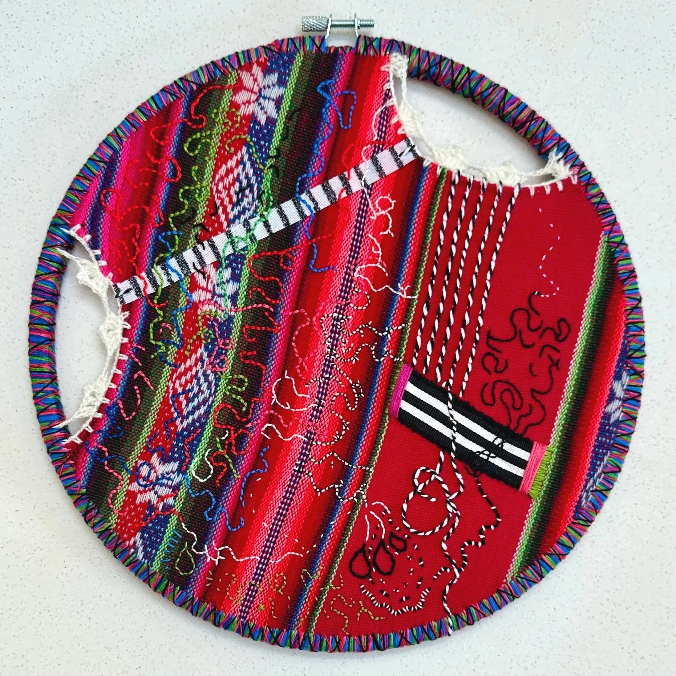 Some Conversation We're Having...   (2025)   woven fabric from South America, trim. ribbon, twine, Sashiko thread, and embroidery thread   11"   $550