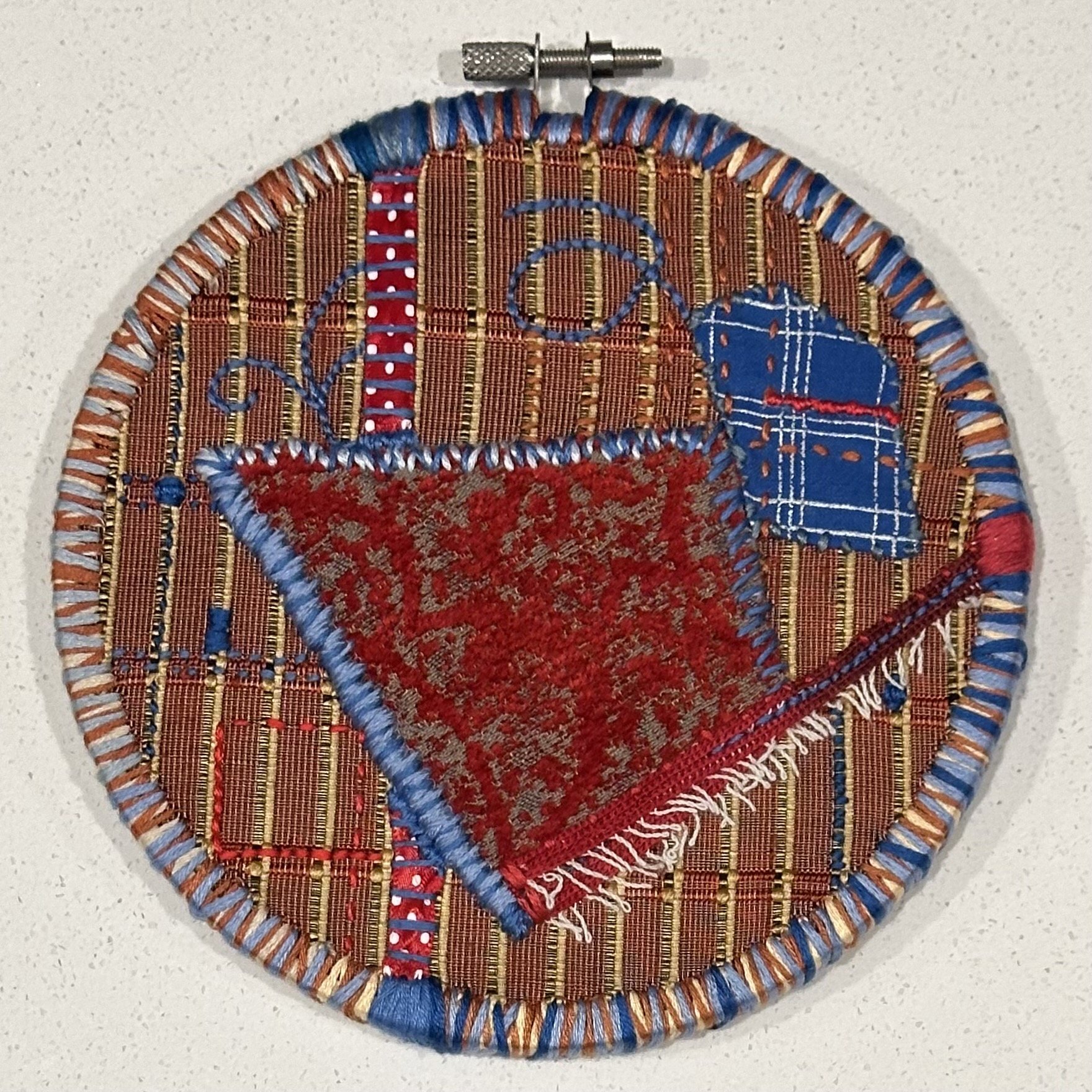 Aerial (2024) embroidery thread and trim on upcycled fabric 6.5" disc $