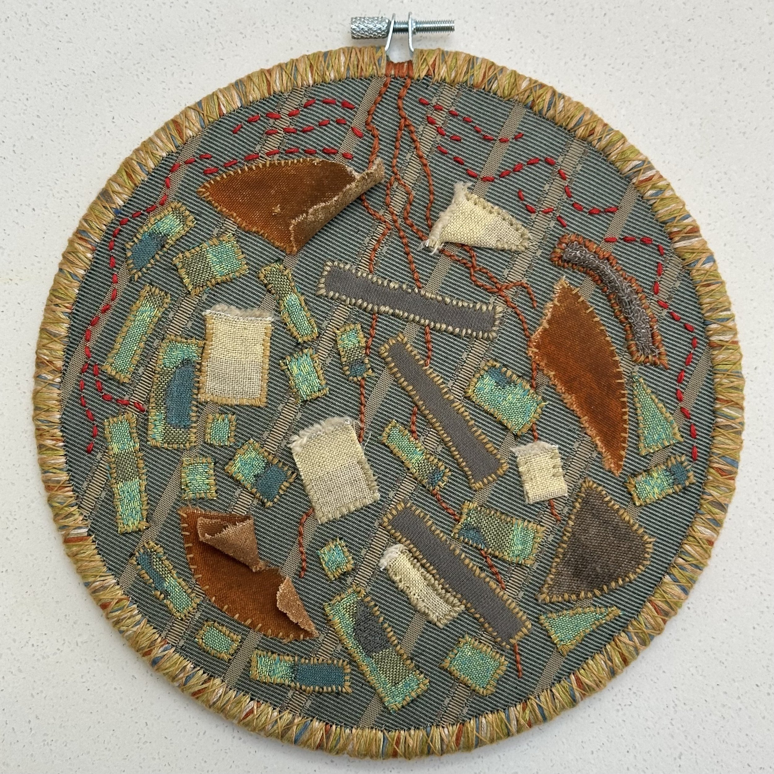 Confetti Path to Transformational Ryokan (2024) Sashiko thread and embroidery thread on found vintage flag/banner remnants, hand-dyed fabric from Japan, and upcycled fabric 8.5" disc not available