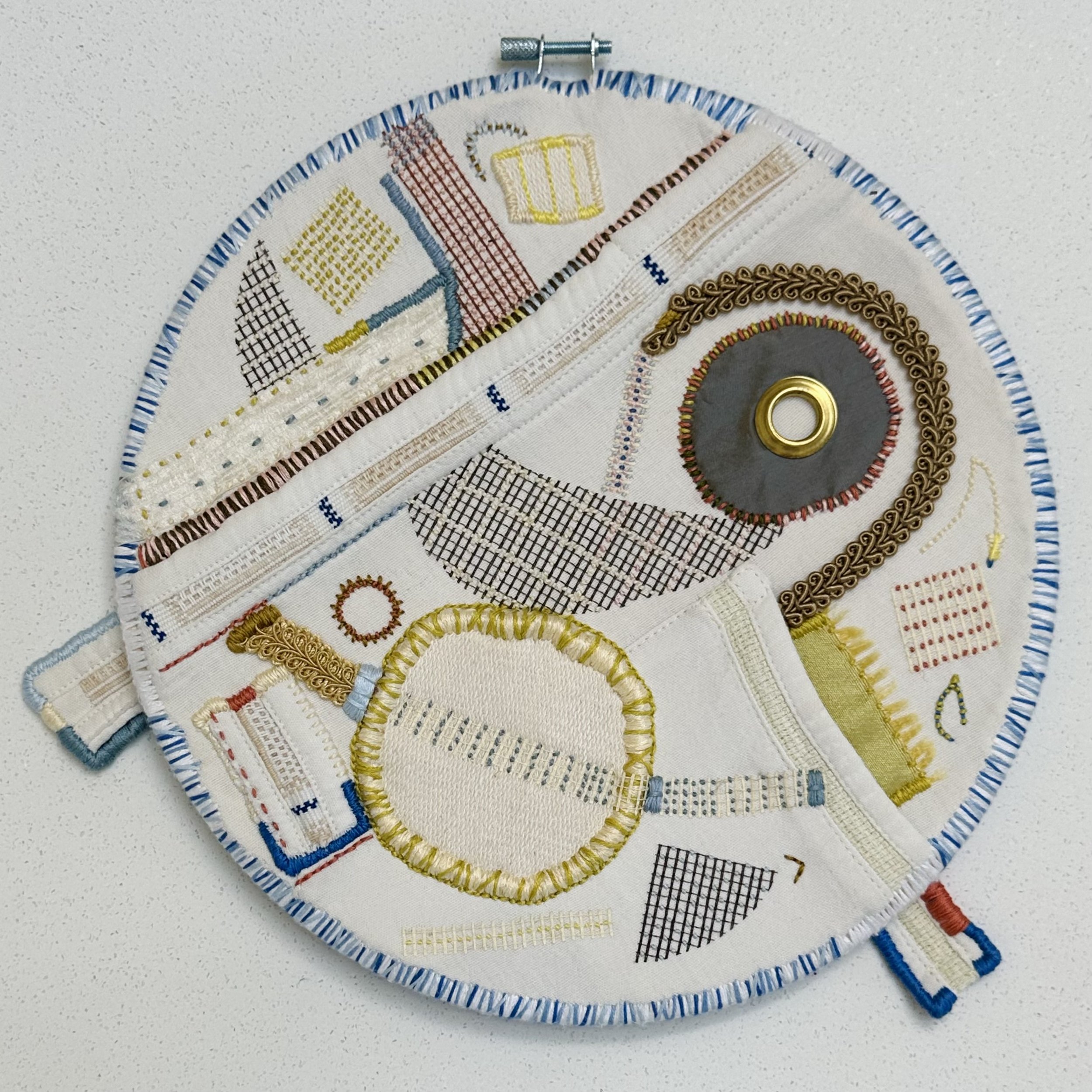 Contemplative Mending (2024) embroidery thread, upcycled fabric scraps, and mesh on well worn shirt fragment from Oaxaca 11" x 11.5" not available