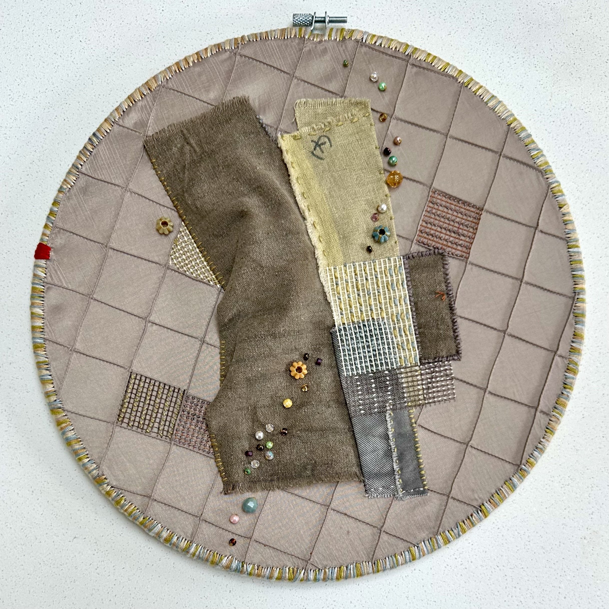 Evaporation of Common Sense (2024) Sashiko thread, embroidery thread, mesh, and beads on hand-dyed fabrics from Japan and upcycled fabric 12" disc not available