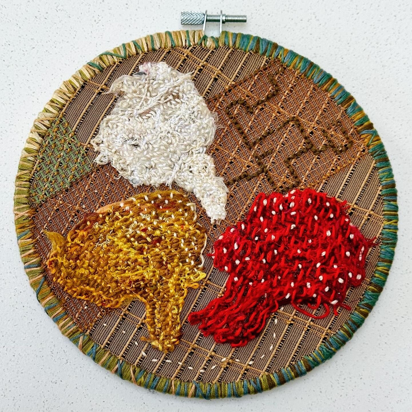 Foraged: Salt Point (2024) Sashiko thread and embroidery thread on upcycled fabric 7" disc $