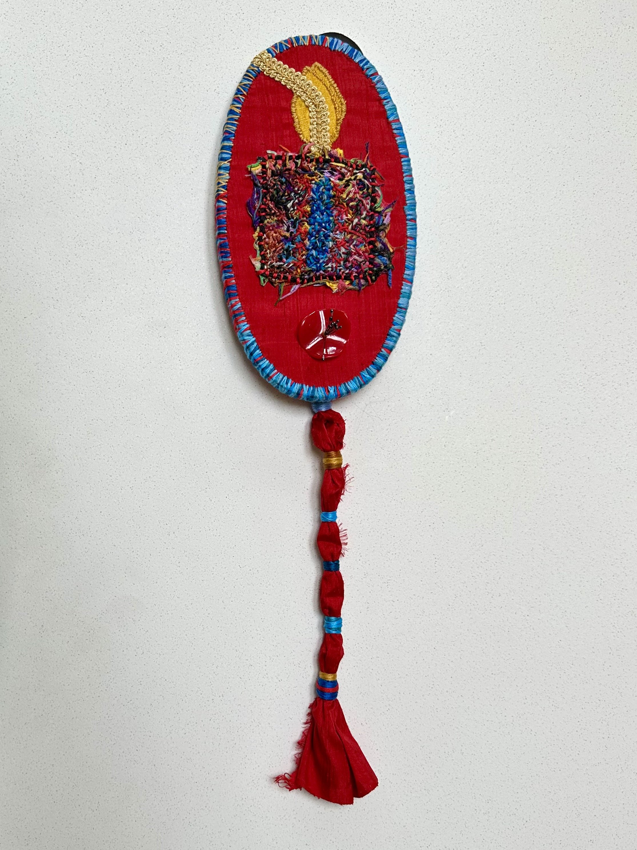 Eternal Light Bond - Seeping Blood Bound (2025) embroidery thread and notions on upcycled silk 19" x 6" $