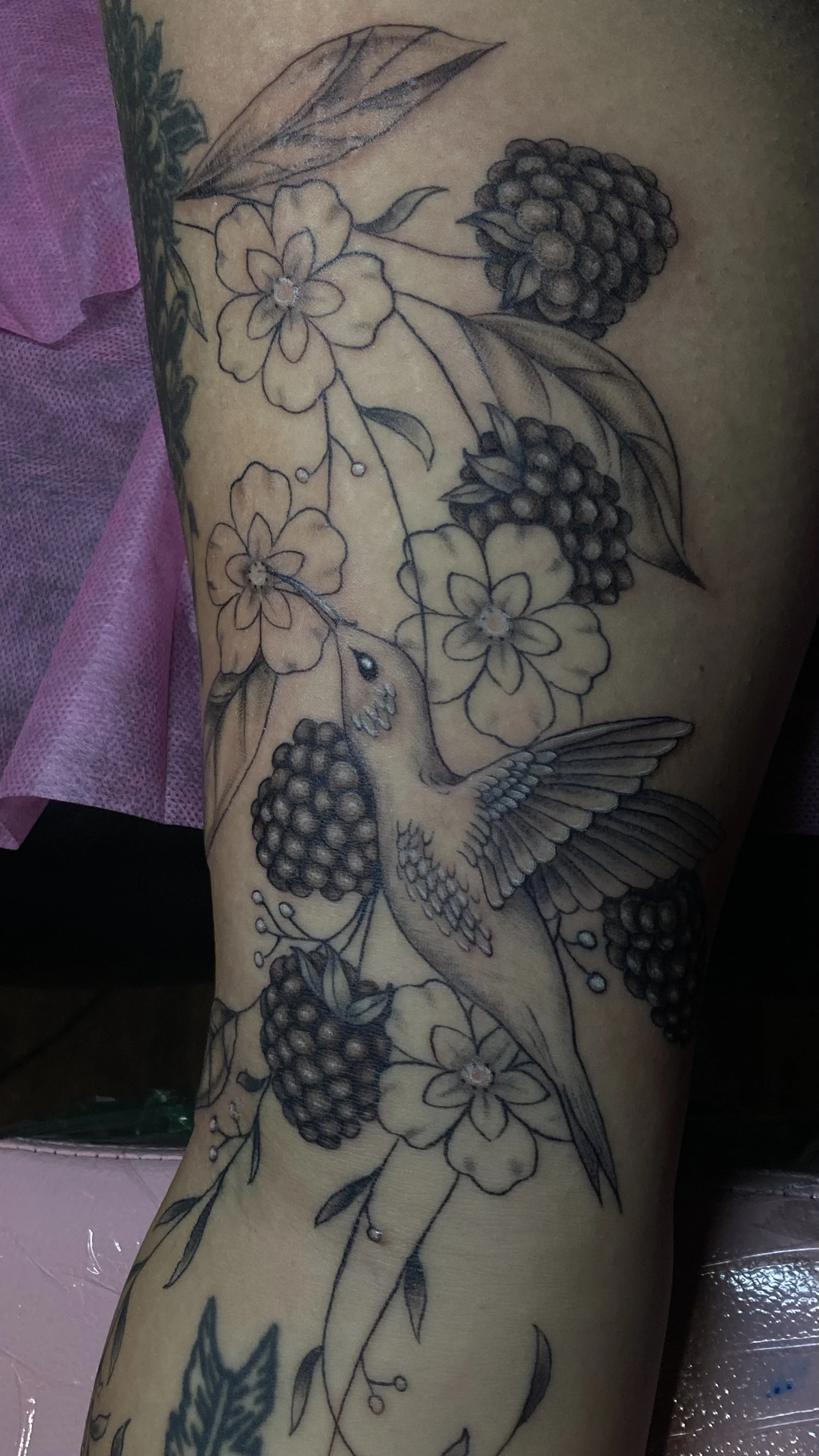 Black and gray tattoo of a hummingbird near flowers and berries on a person's arm.