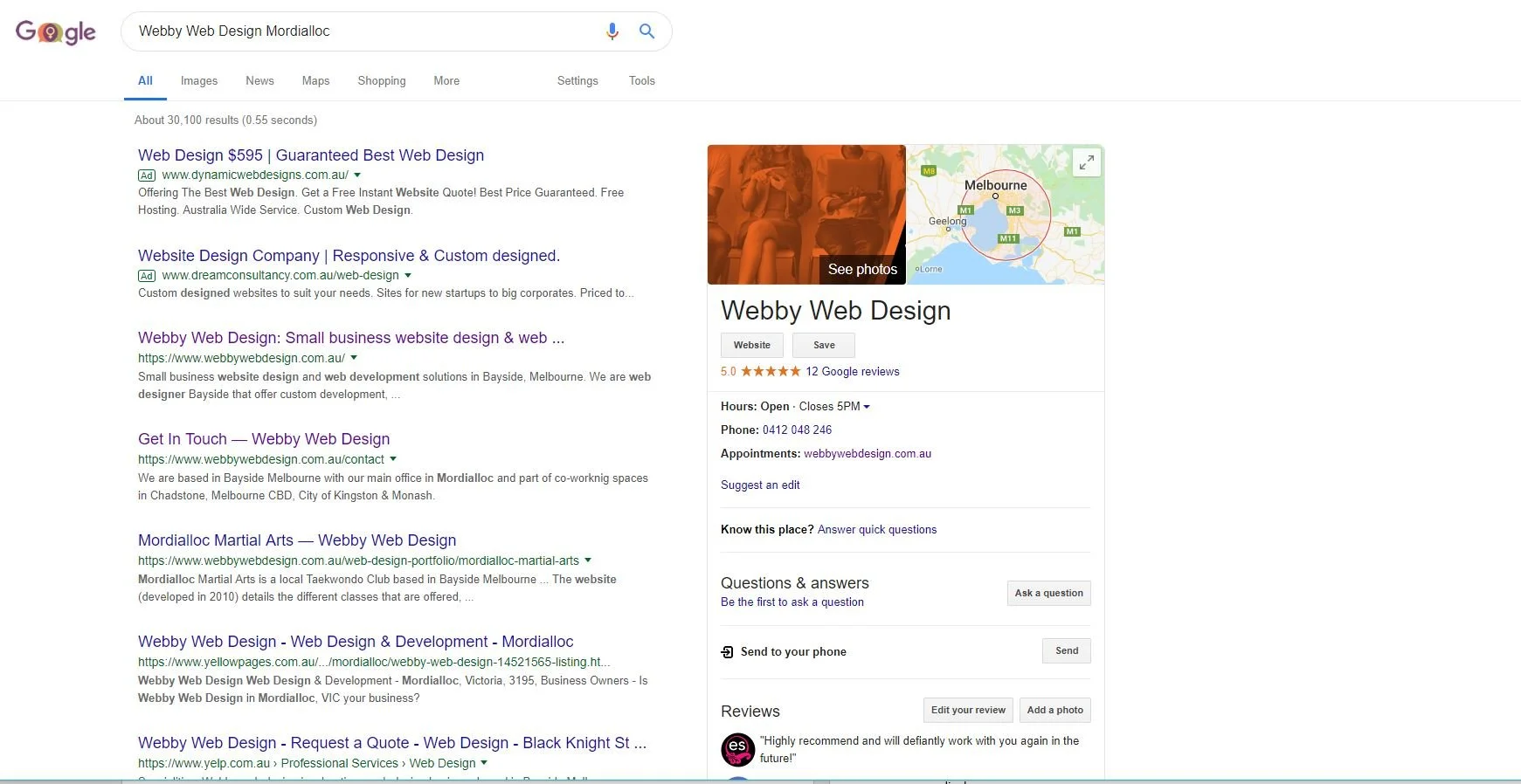 Google My Business example on 'search'