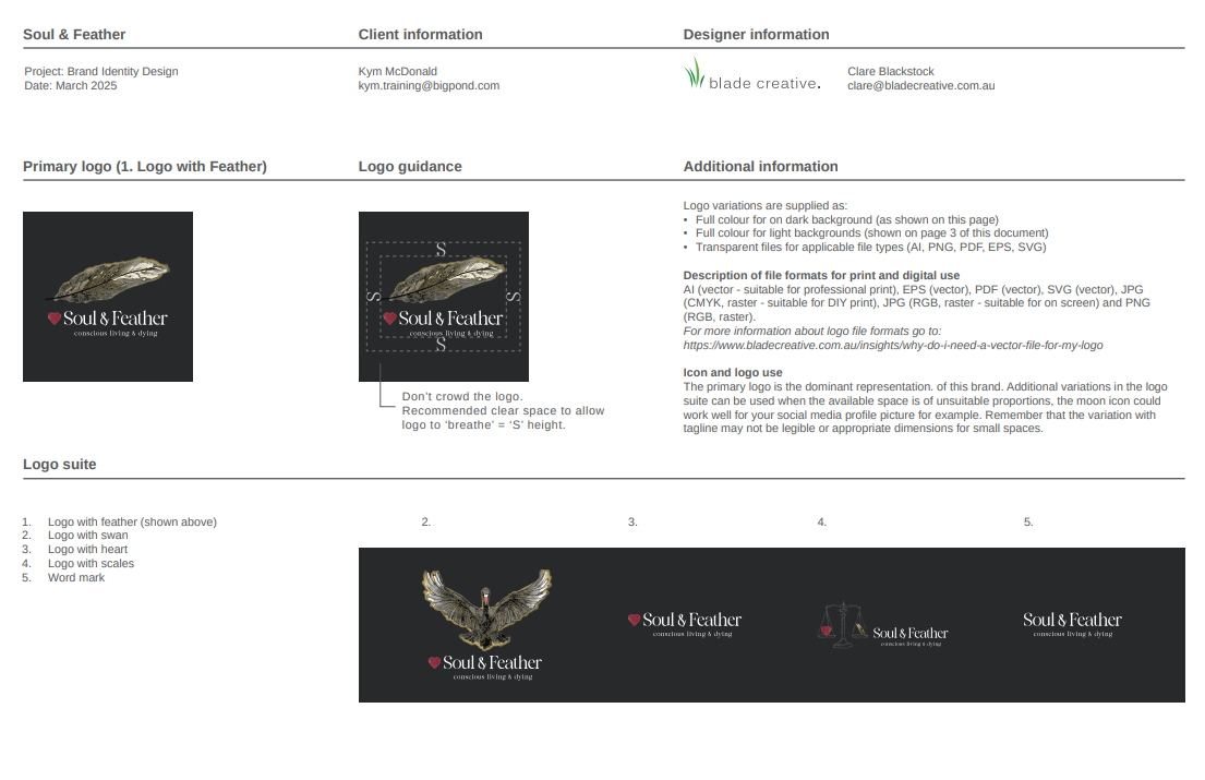 Brand elements including feather and icons used across the Soul & Feather website